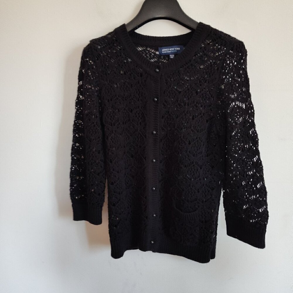 Ladies Petite SZ PS Jones New York Black Lace Cardigan Sweater
